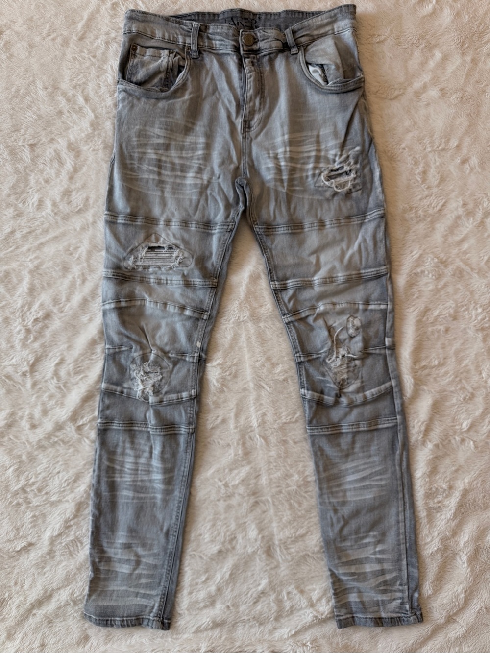 TAKER Grey Distressed Moto Biker Slim Fit Stretch Jeans 34x32